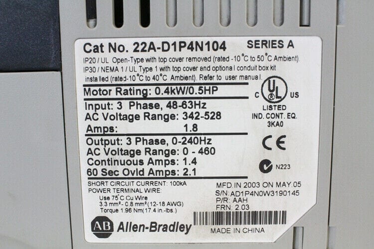 Allen Bradley Power Flex 4 Variable Frequency Drive AB 22A-D1P4N104