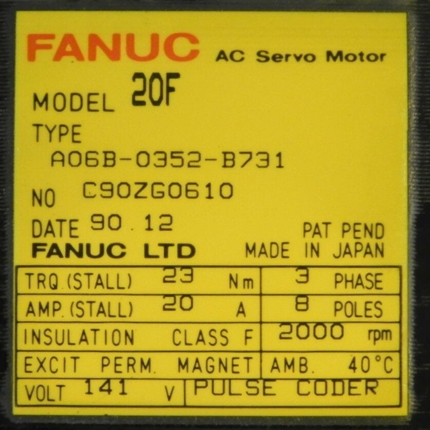 Fanuc, Servo Motor, Jt. 2/3, S-Series, RH, A06B-0352-B731, 120 Day Warranty