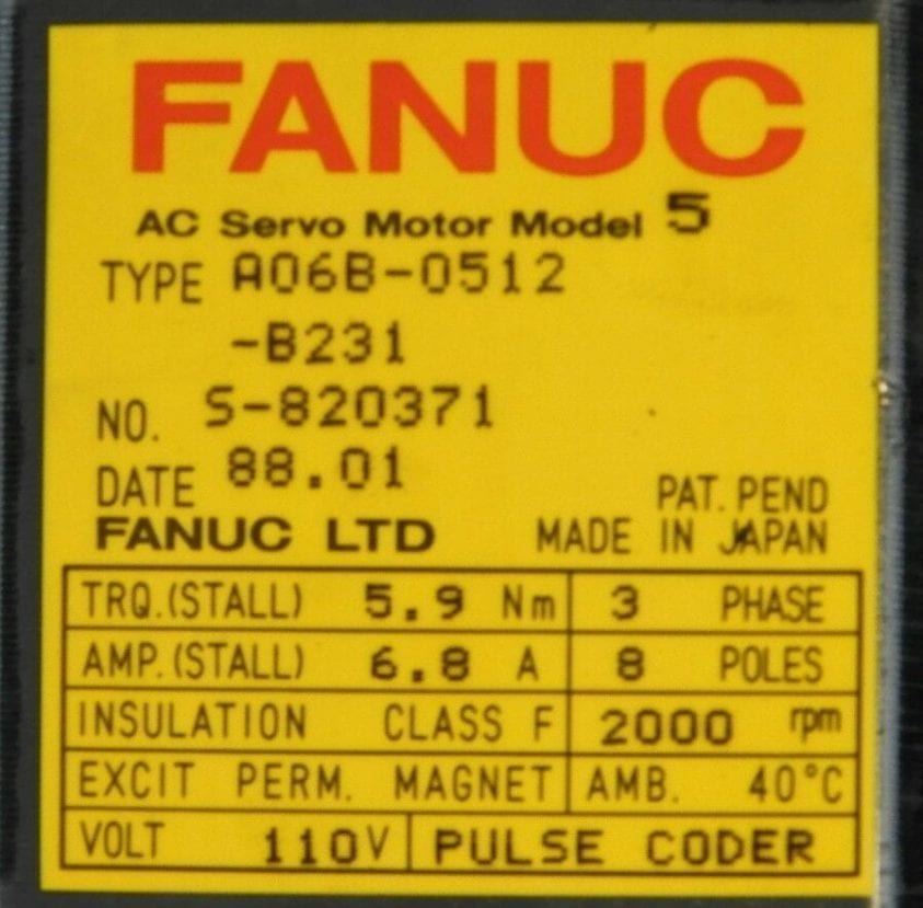 Fanuc, AC Servo Motor, Jt. 1, P-100, RH, A06B-0512-B231